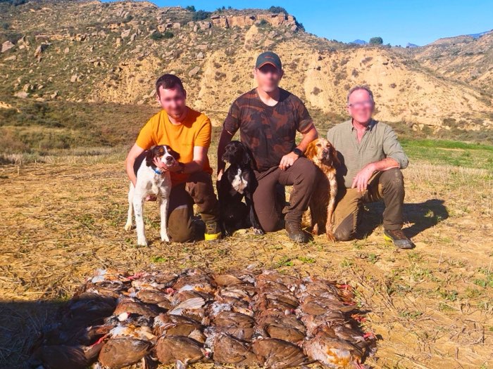 Tableau de chasse de perdrix rouges et chasseurs avec leurs chiens d'arrêt — domaine Montearagón