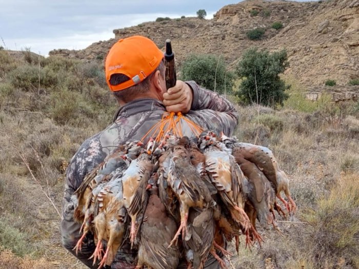 Chasseurs satisfaits devant le tableau de perdrix rouges du domaine Montearagón